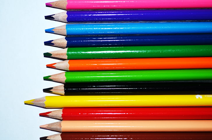 pozadie, farebné, ceruzky, modrá, hnedá, žltá, červená