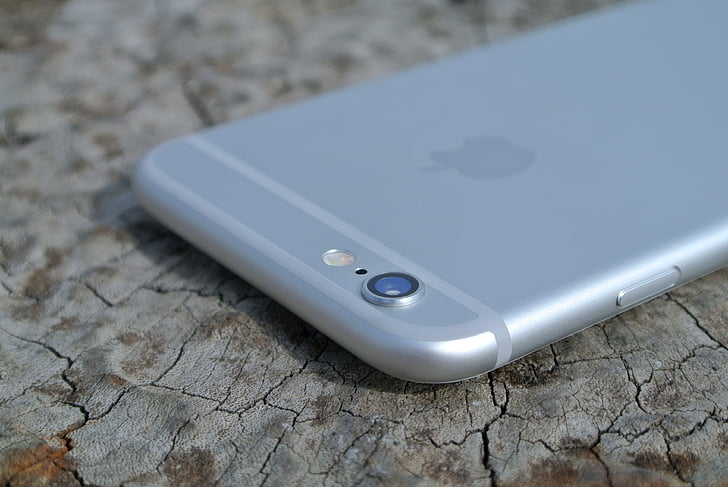 argento, iPhone, s, marrone, in legno, superficie, Apple