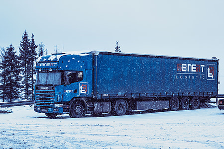 scow, truckers, road, winter, snow, white, blue sky