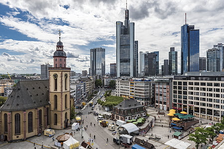 Frankfurtē pie Mainas Vācijā, Hauptwache, pilsēta, pilsētas centrs, debesskrāpju, Debesskrāpis, bankas