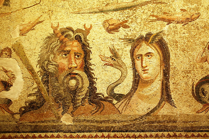 mosaic, mythology, gaziantep, okeanos, tetyhs, man, woman