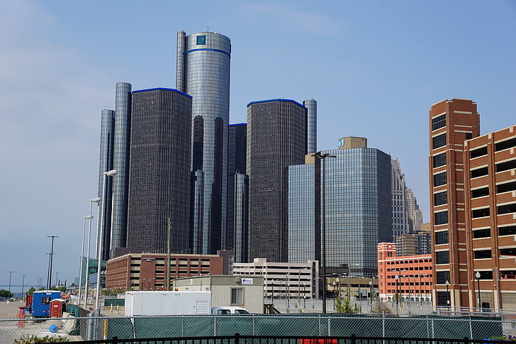 Detroit, Detroit skyline, şehir merkezinde, nehir, Rönesans, gökdelen, Şehir