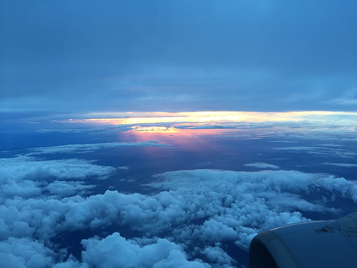 sky, plane, sunset, airplane, flying, air, aerial View