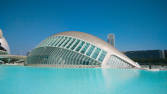 arquitectura, Calatrava, Valencia, azul, agua, estructura construida, frente al mar