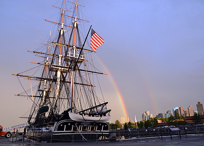 sailing ship, ship, uss constitution, rainbow, frigate, historic, sky