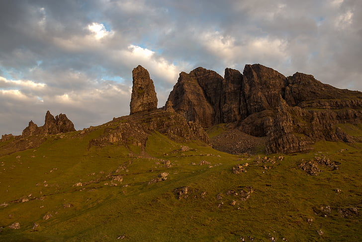 old man of storr, rock, mountains, sunrise, clouds, mood, clouded sky