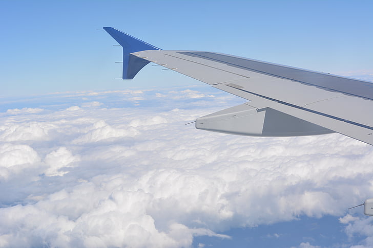 sparnas, plokštumoje, dangus, iš lėktuvo, skristi, debesys, kelionės