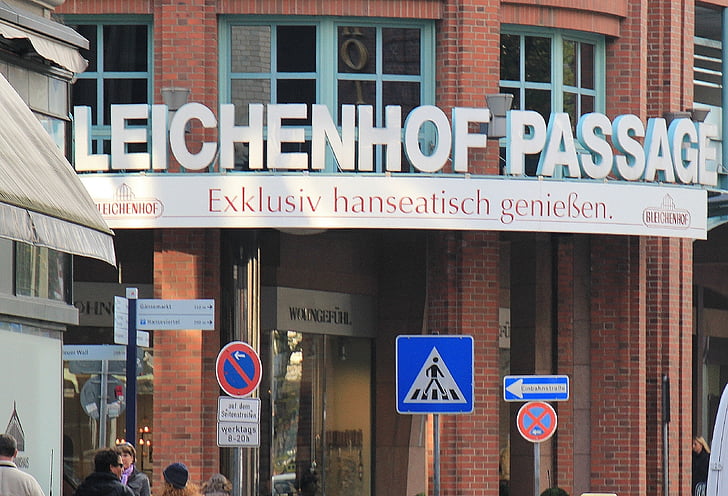 Bagian, Hamburg, Bagian bleichenhof, Hanseatic, tanda-tanda jalan, arsitektur, kata lelucon