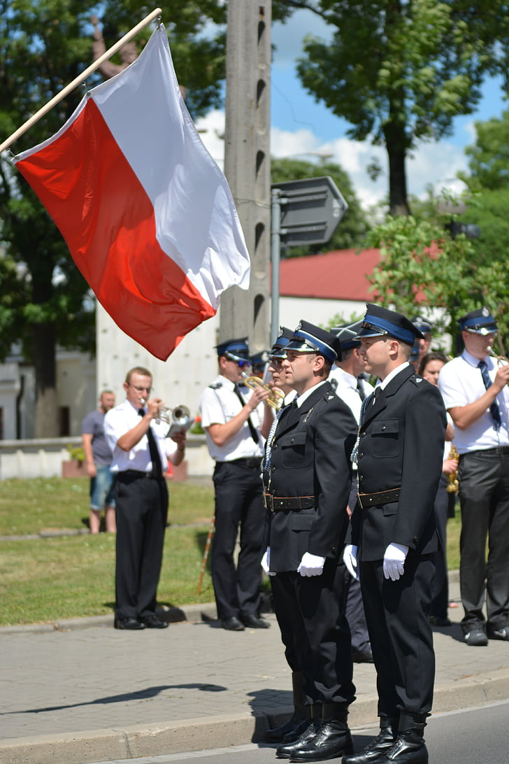 poľská vlajka, obrad, vlajka, Hasiči, ľudia, ozbrojené sily, vojenské