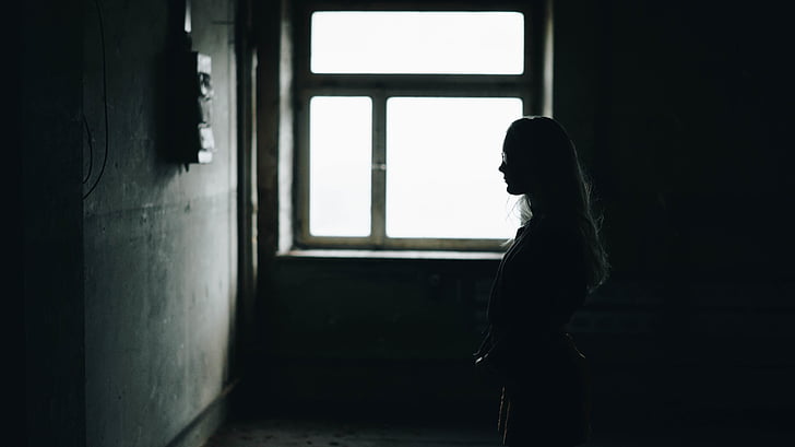 woman, standing, wall, building, dark, room, window
