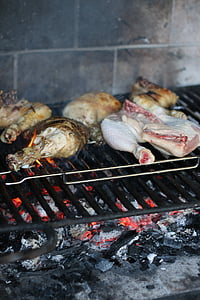 rustico, barbecue in pietra, cibo, fuoco, carbone di legna, cena, cosce di pollo