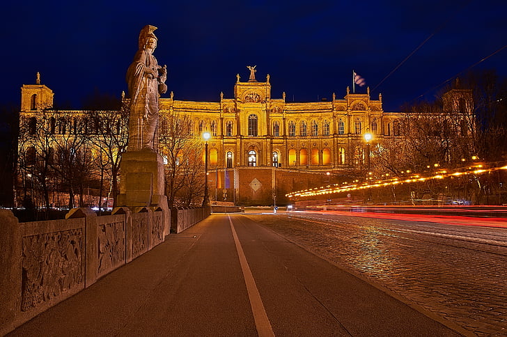 Maximilianeum, München, ljus trail, Isar, natt fotografi, staden Visa, Panorama