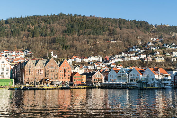 Bergen, Noorwegen, het platform, haven, water, Bryggen, Scandinavië