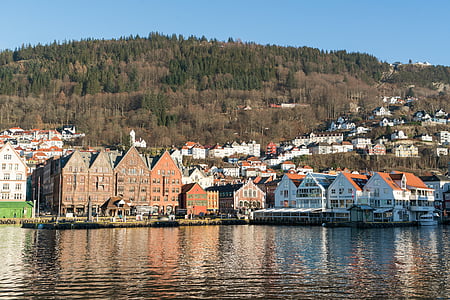 Bergen, Norvégia, építészet, kikötő, víz, Bryggen, Skandinávia