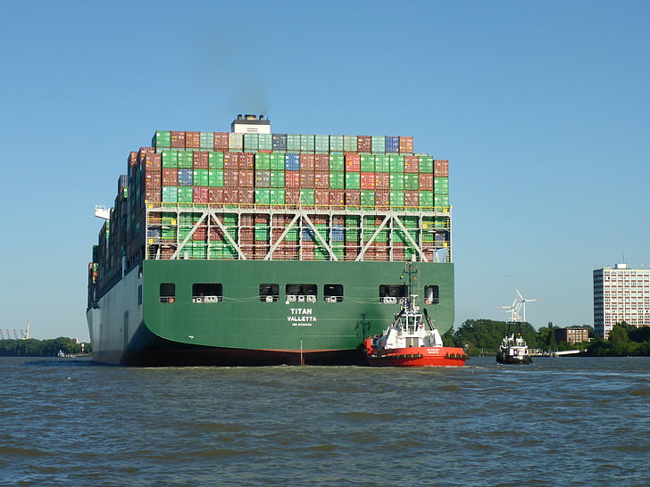 contenitore, nave porta-container, trasporto, rimorchiatore, marittimo, Amburgo, porta