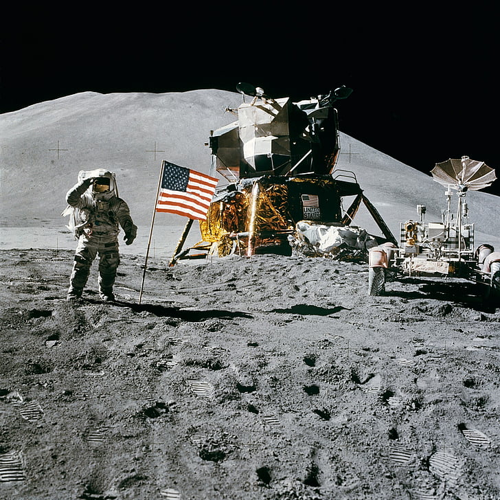 American flag, astronaut, astronomy, crater, discover, exploration, journey
