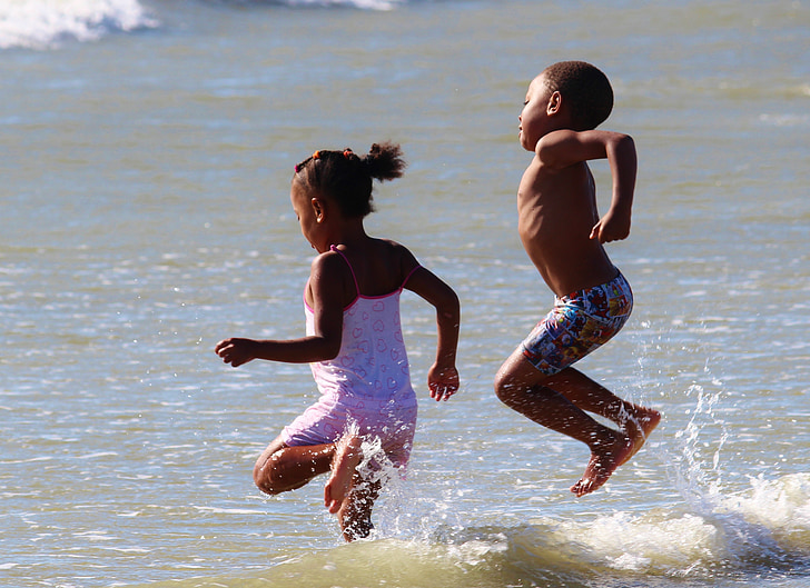 子供, 再生, ビーチ, 水, 海, 楽しい, ジャンプ