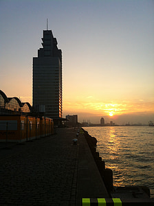 port, river, sunset, water, summer, evening, sun
