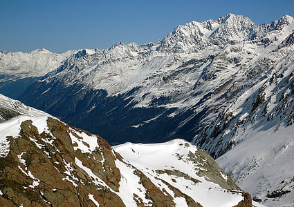 Zima, u Alpama, stijene, planine, vrhovima, snijeg, pogled na zimski