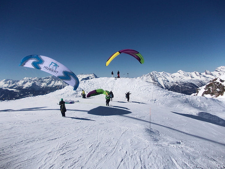 Švýcarsko, Verbier, lyžování, paragliding, modrá, alpské, sníh