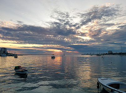 solnedgång, Umag, Kroatien, havet, Istrien, båtar, Costa