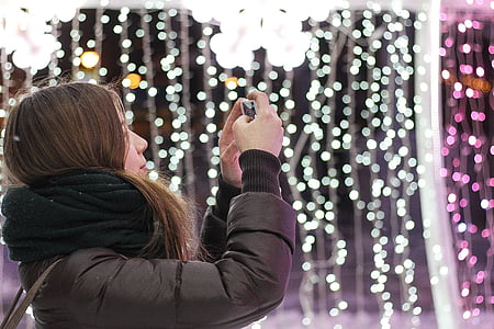 Selfie, Lichter-Hintergrund, Weiblich, Handy, Mädchen, Licht, Person