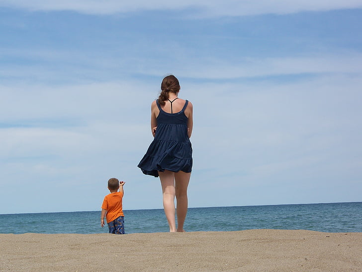 pludmale, bērnu, meitene, zēns, staigāt, ūdens, okeāns