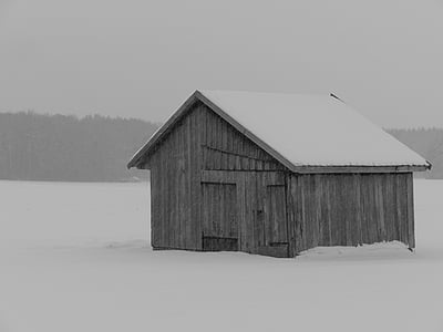 hut, scale, wood, log cabin, snow, winter, black white