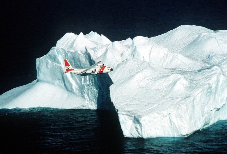 ice berg, airplane, flying, coast guard, c-130, plane, ocean