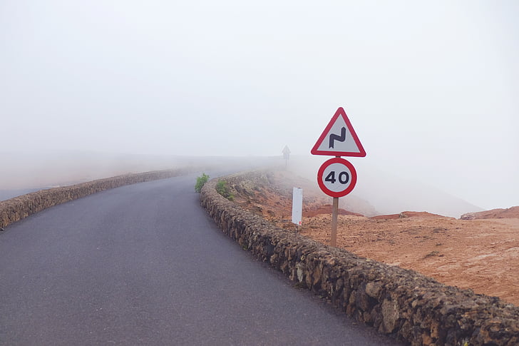 köd, ködös, közúti, sziklák, kövek, jel, figyelmeztető jel