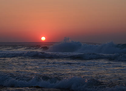 Grécia, Creta, pôr do sol, onda, surf, mar, Mediterrâneo
