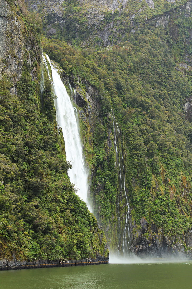 waterfall, green, fjord, landscape