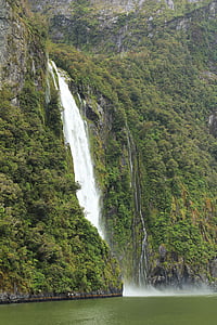cascada, verde, fiordo, paisaje