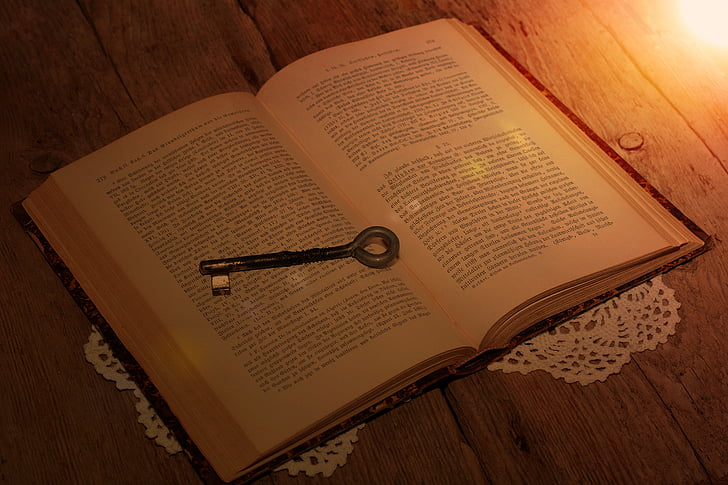 book, key, book pages, light, lighting, wood