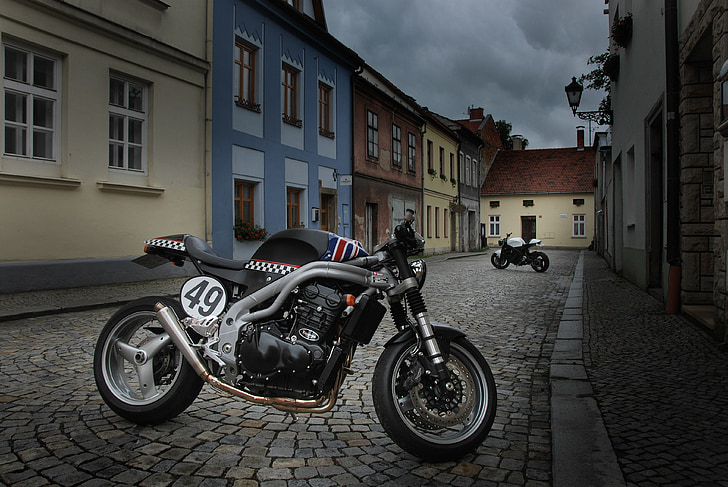 motorbike, motorcycle, triumph, cafe racer, old city, street, transportation