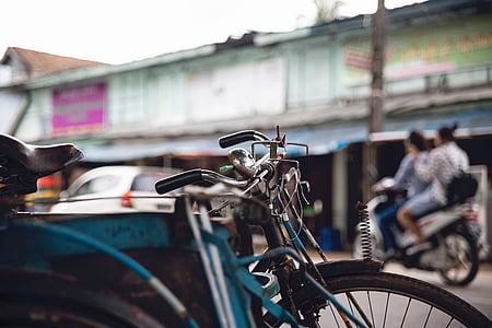 enfoque, Fotografía, Teal, gris, bicicleta, oxidado, antiguo