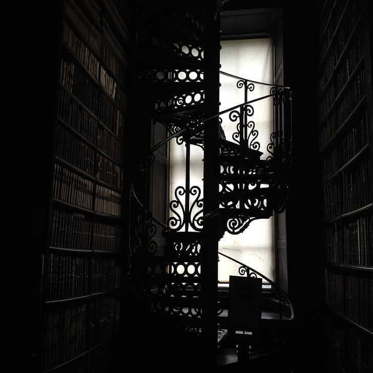 library, stairs, books, staircase