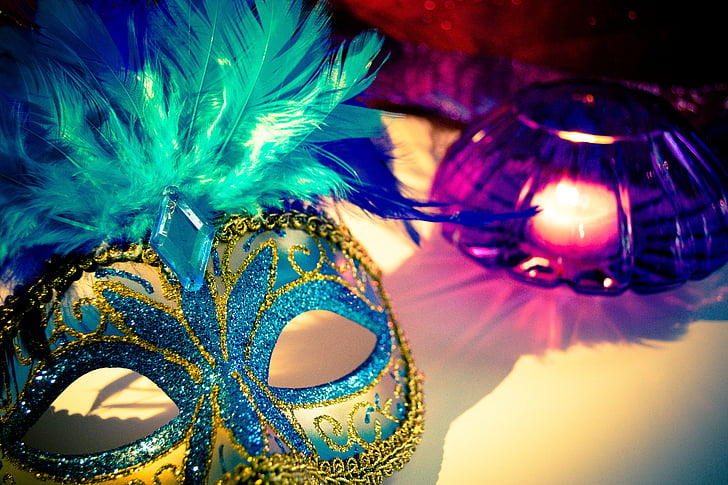 Benátske masky, sviečka, perie, maska, Karneval, Benátky, žalúzie