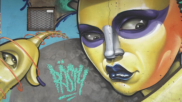 Graffiti, khuôn mặt, bức tường, thành phố