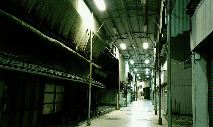 shopping street, lonely, abandoned, dim, abandoned house, japan, arcade
