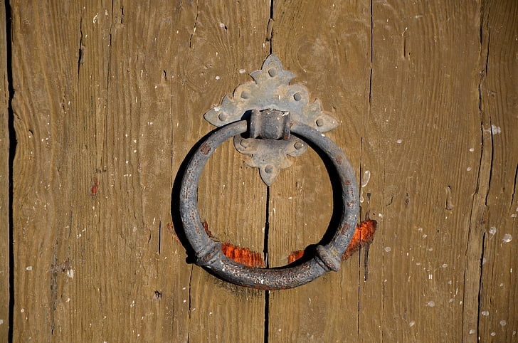 Doorknocker, anello, Ferro da stiro, legno vecchio, metallo, ingresso, anello in metallo