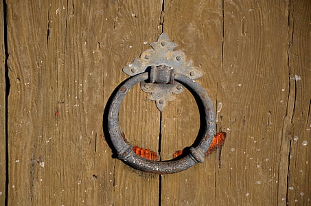 doorknocker, anell, ferro, fusta vella, metall, l'entrada, anell de metall