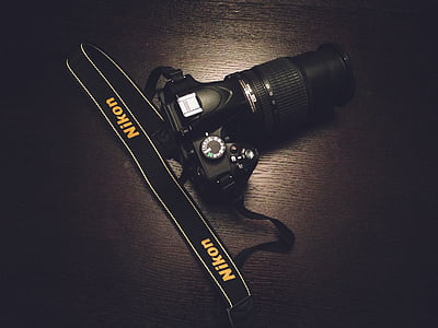 negro, Nikon, réflex digital, cámara, lente, Fotografía, SLR
