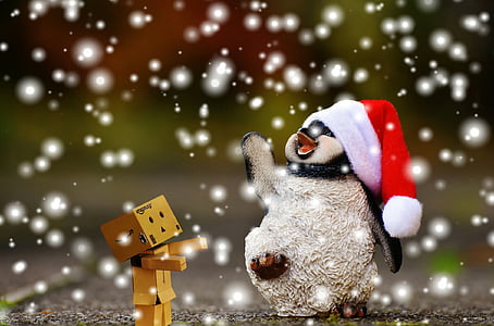 펭귄, 그림, 크리스마스, 눈, 산타 모자, 장식, 재미
