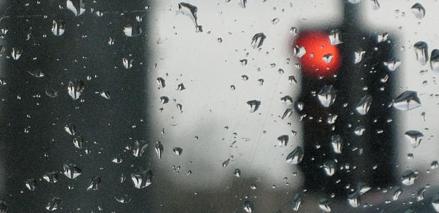 Kota, merah, sopir, jendela, hujan, tetes air, mengemudi