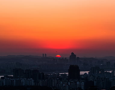Сеул, город, Солнце, Закат, ночь, пейзаж, Природа