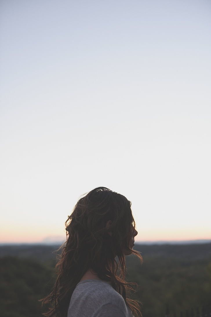 woman, side, view, facing, right, sunset, hair