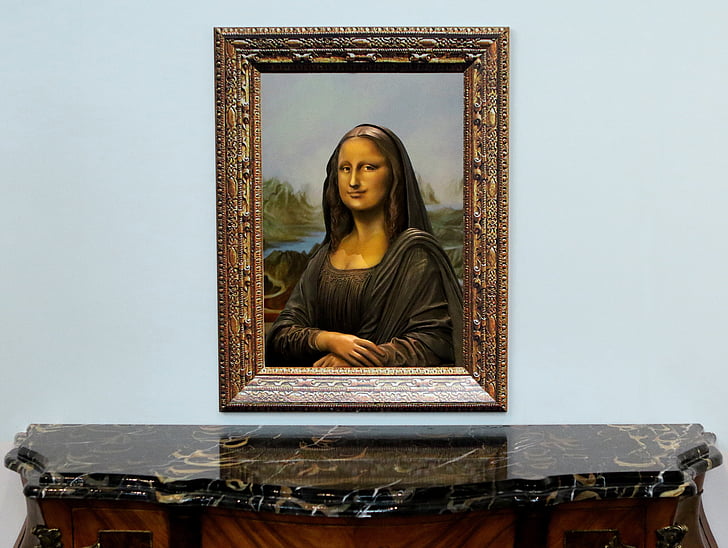 sculpture, faux, statue, painting, mona lisa, frame, table