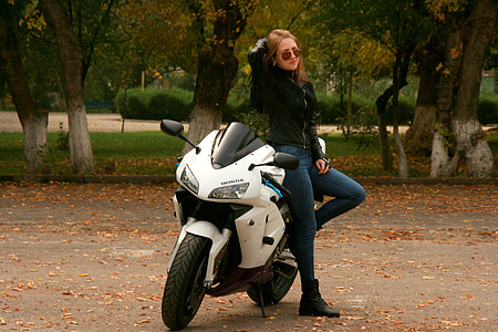 jeune fille, moto, veste en cuir, Ride, biker, blonde, beauté