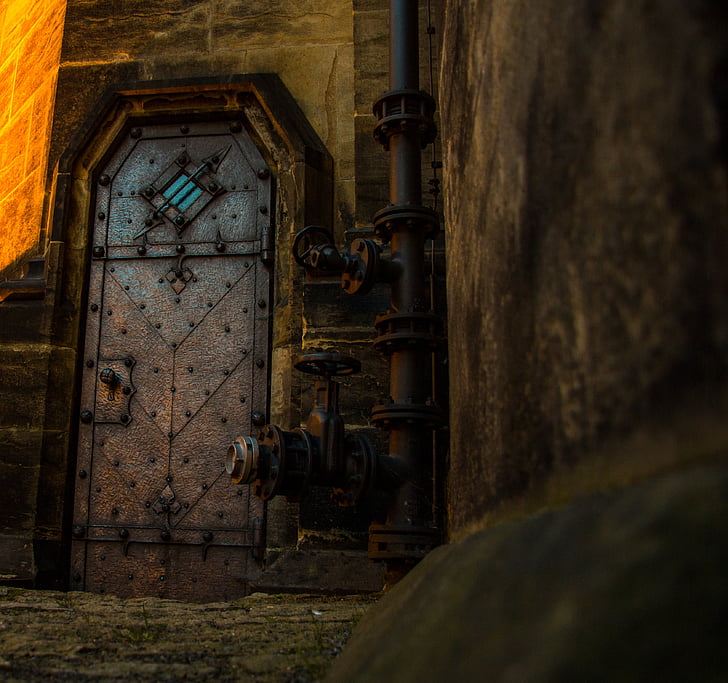 door, old door, steampunk, historically, iron, tube, input
